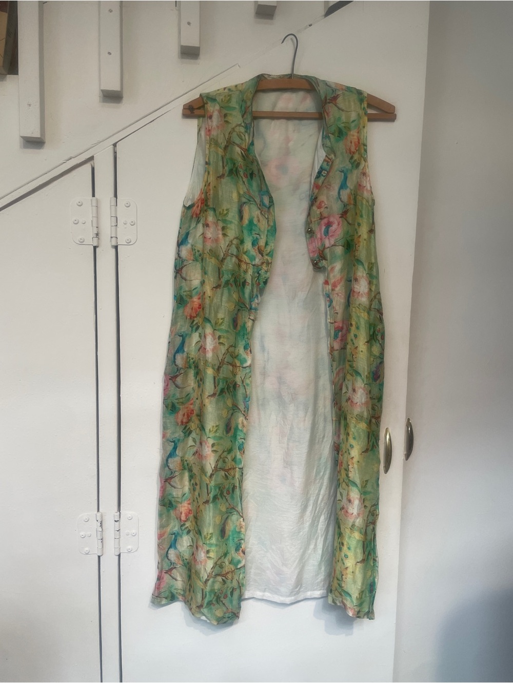 Open long vest duster bird print Spring layered look S M ooak boho anthro style